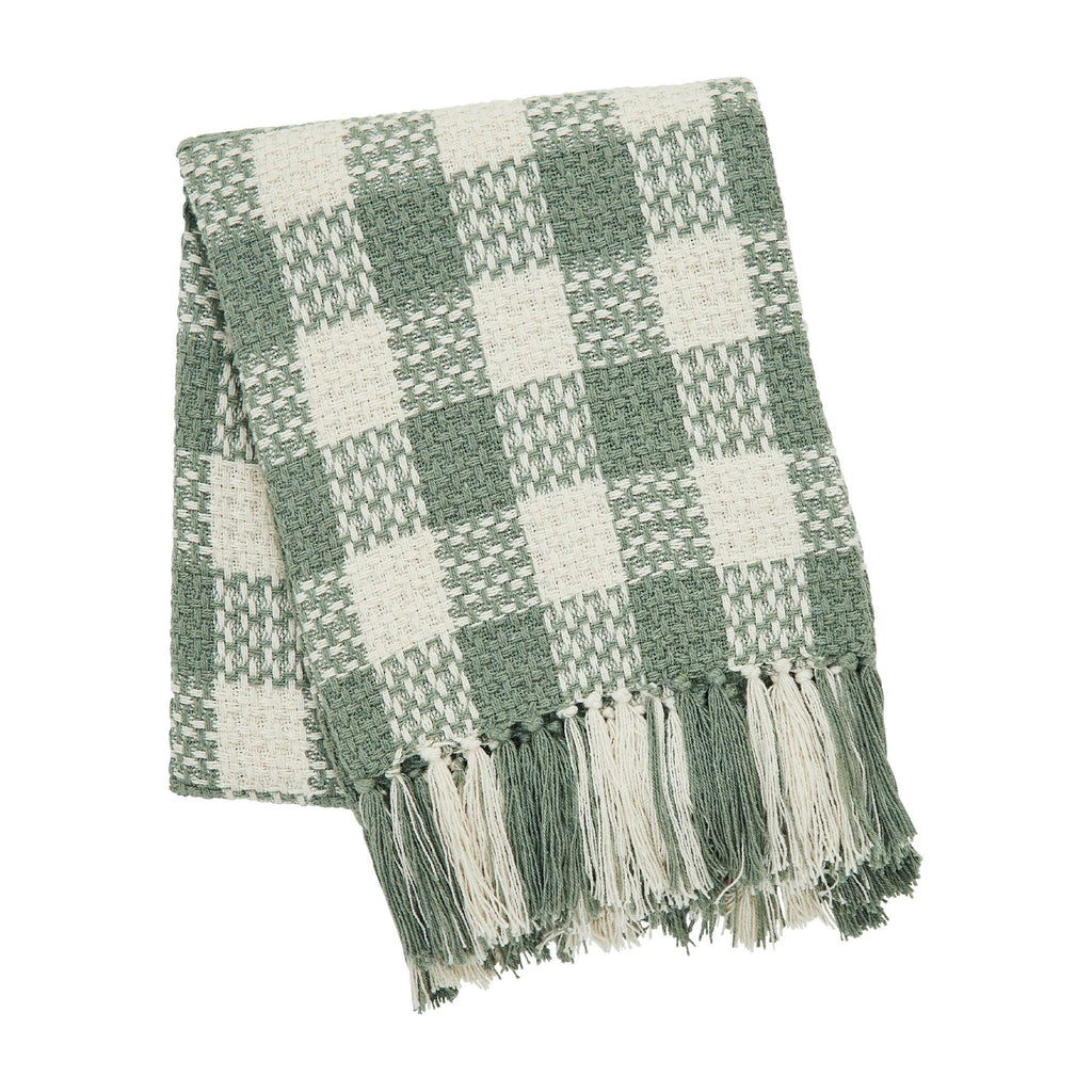 Pistachio Green Check Woven Throw Blanket with Fringe