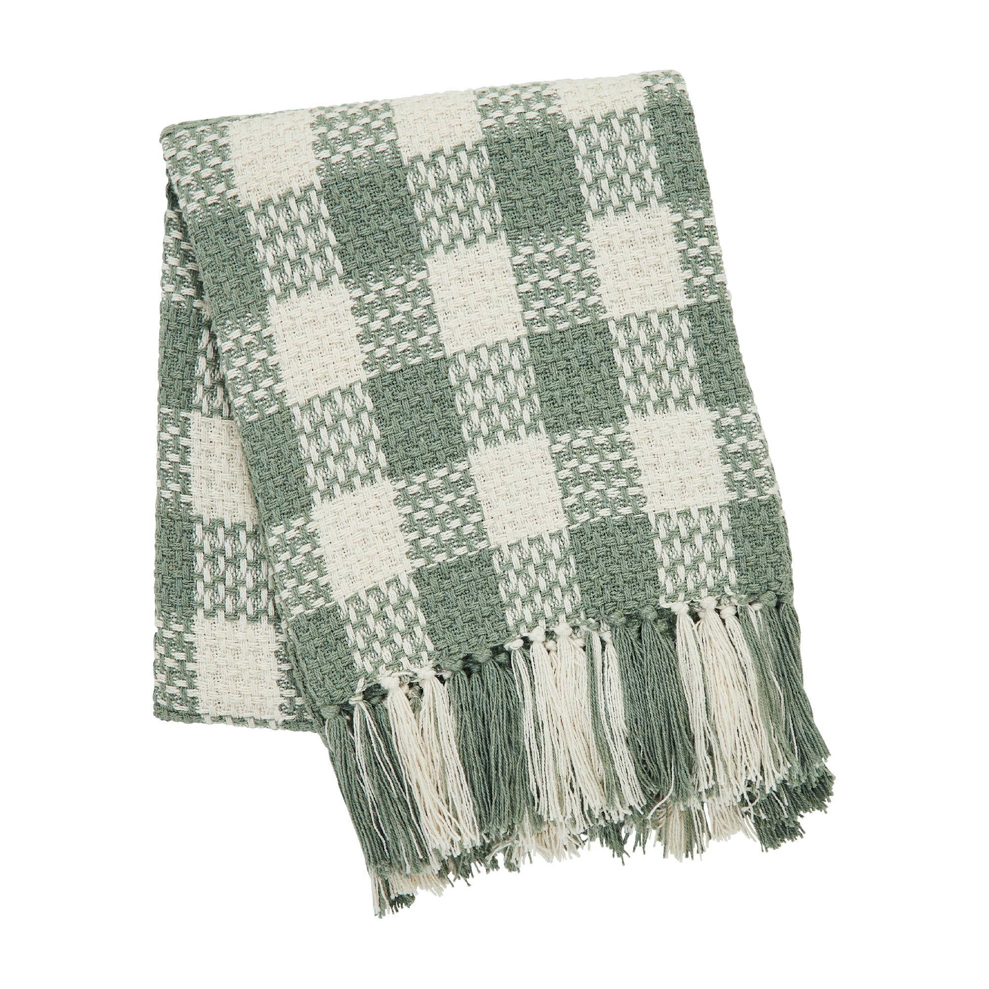 Pistachio Green Check Woven Throw Blanket with Fringe
