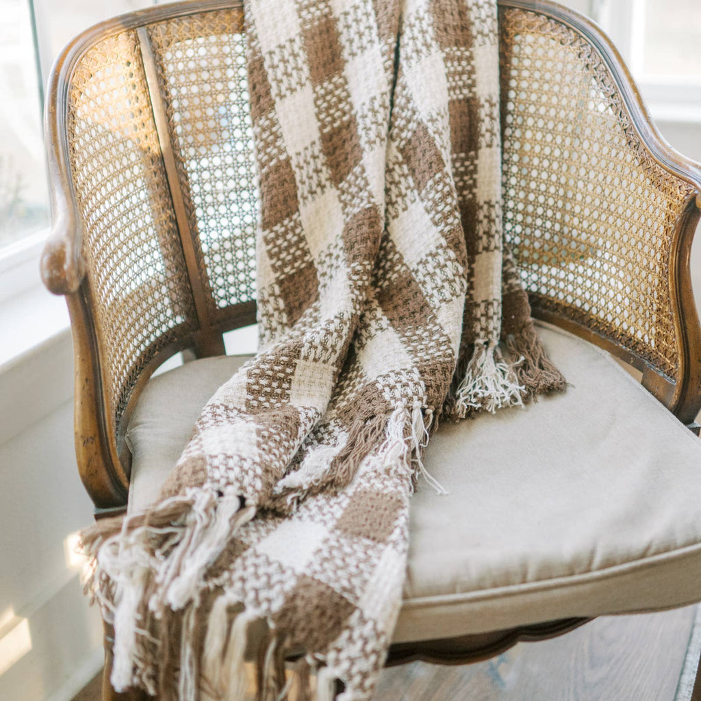Cocoa Brown Check Throw Blanket with Fringe