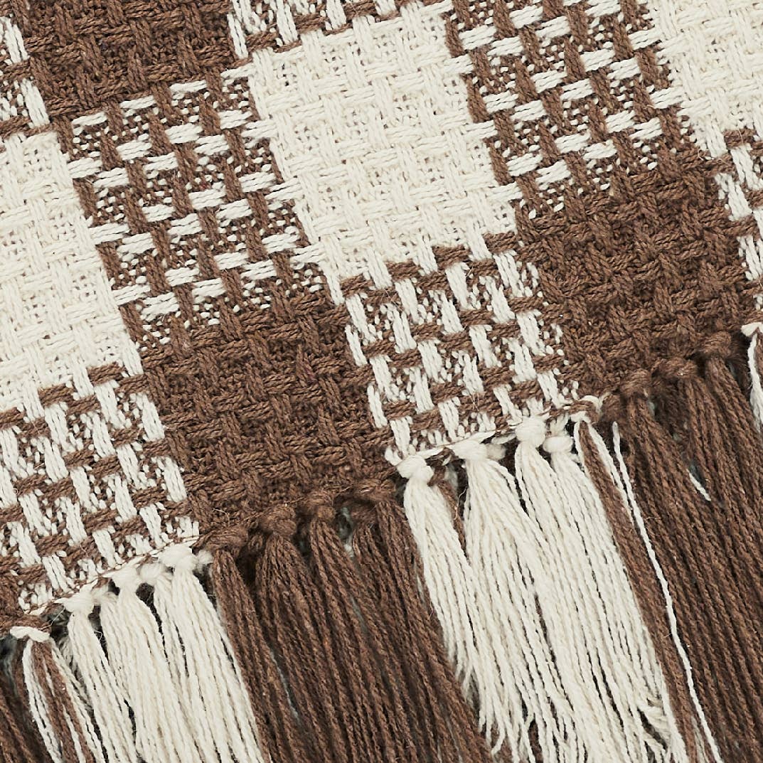 Cocoa Brown Check Throw Blanket with Fringe