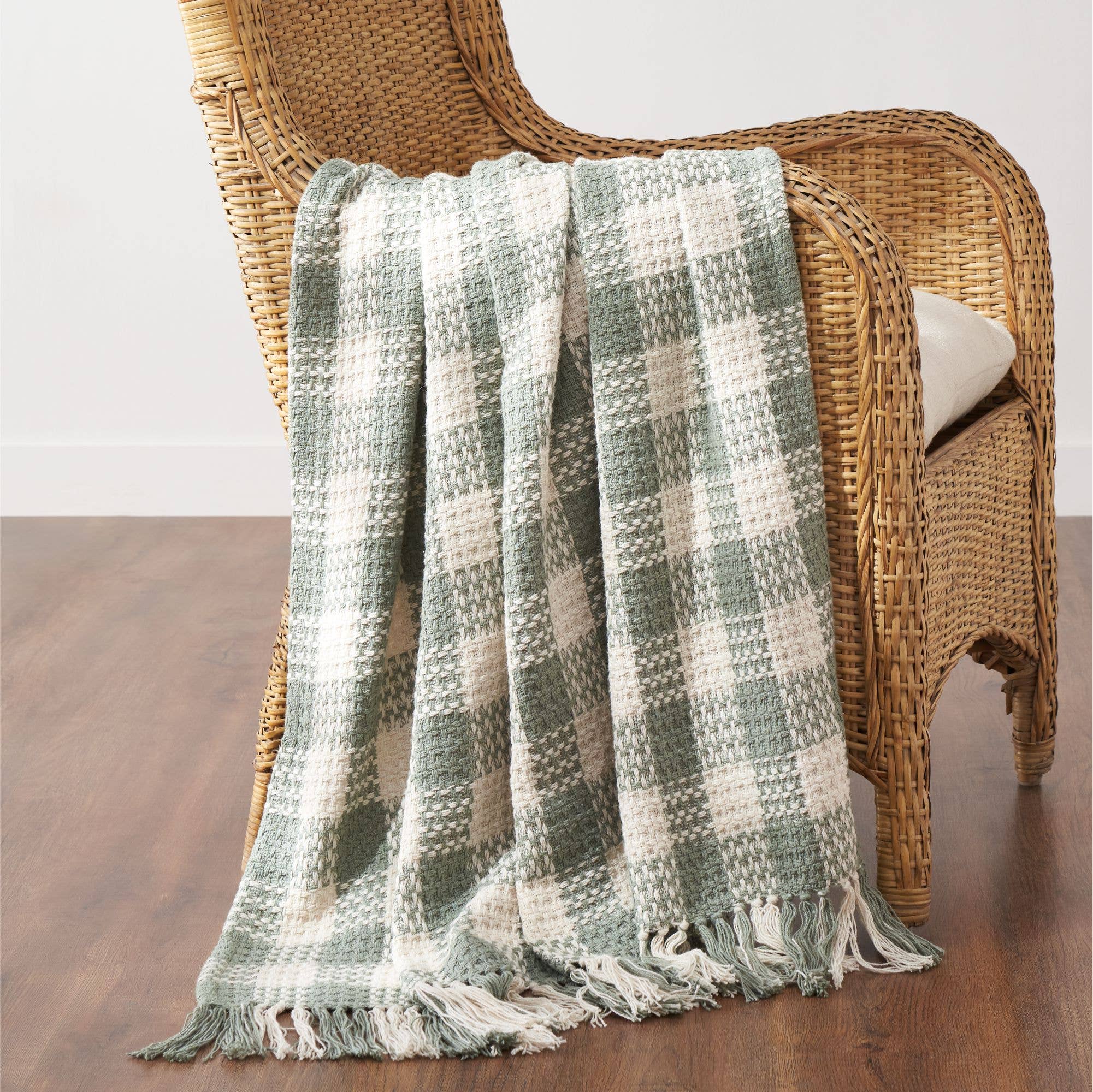 Pistachio Green Check Woven Throw Blanket with Fringe