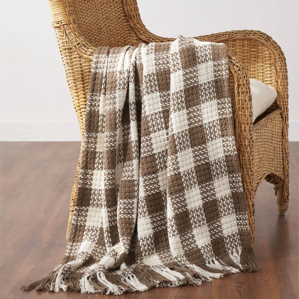 Cocoa Brown Check Throw Blanket with Fringe